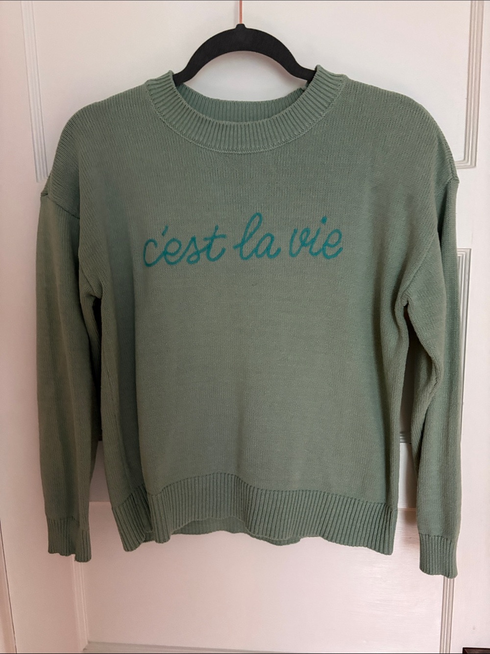 Loft “C'est la Vie” Sage Green Crewneck Sweater - Size M. Cotton/Acrylic.